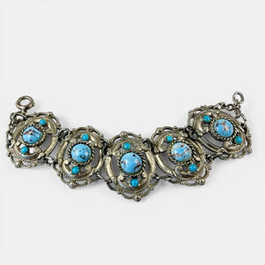 1950s Victorian Revival Blue Marbled Glass Cabochon Bracelet Silver Tone Panel